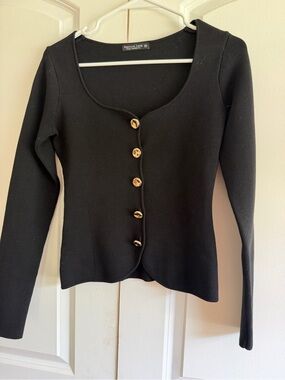 Emerson Lang Black Long-Sleeve Button-Front Knit Sweater Top High Class Preppy